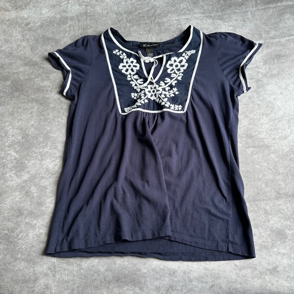 INC International Concepts Womens Large Navy Blue Embroidered Boho Top Blouse